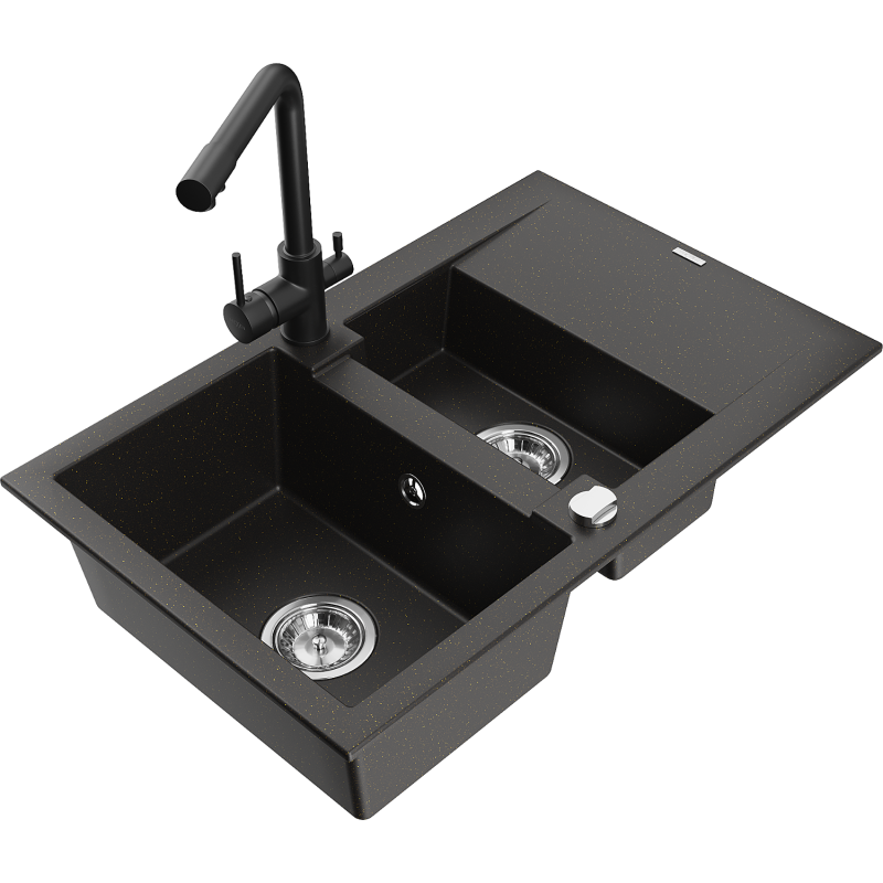 Mexen Gaspar granit diskho med 1,5 fack, avrinning och köksblandare Duero, svart/guld - 6507-75-671600-70