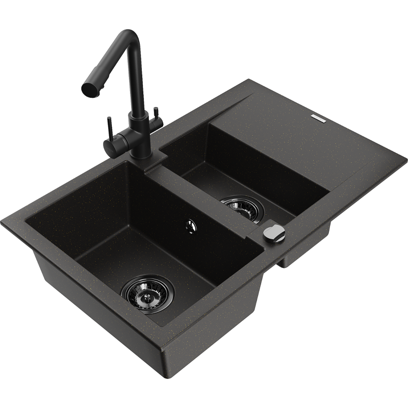 Mexen Gaspar fregadero de granito de 1,5 cubetas con escurridor y grifo de cocina Duero, negro/dorado - 6507-75-671600-70-B