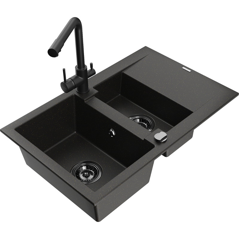 Mexen Gaspar fregadero de granito de 1,5 senos con escurridor y grifo de cocina Duero, negro/oro - 6507-75-671600-70-B