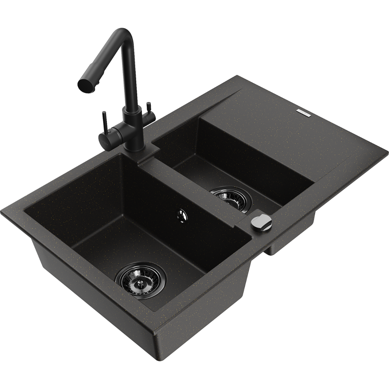 Mexen Gaspar granite sink 1.5-bowl with drainer and Duero kitchen tap, black/gold - 6507-75-671600-70-B