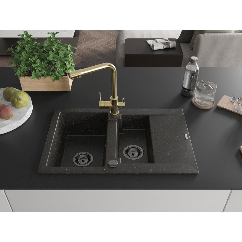 Mexen Gaspar fregadero de granito de 1,5 senos con escurridor y grifo de cocina Duero, negro/dorado - 6507-75-671600-50-B