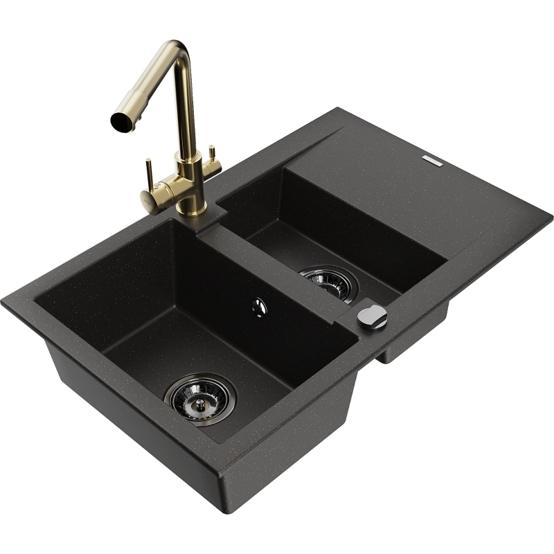 Mexen Gaspar 1,5-kammar diskbänk i granit med avrinning och köksblandare Duero, svart/guld - 6507-75-671600-50-B