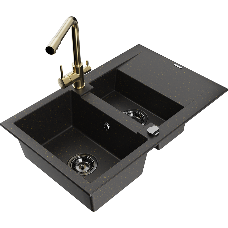 Mexen Gaspar fregadero de granito de 1,5 senos con escurridor y grifo de cocina Duero, negro/dorado - 6507-75-671600-50-B