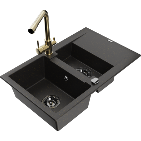 Mexen Gaspar granitspüle 1,5-becken mit abtropffläche und küchenarmatur Duero, schwarz/gold - 6507-75-671600-50-B