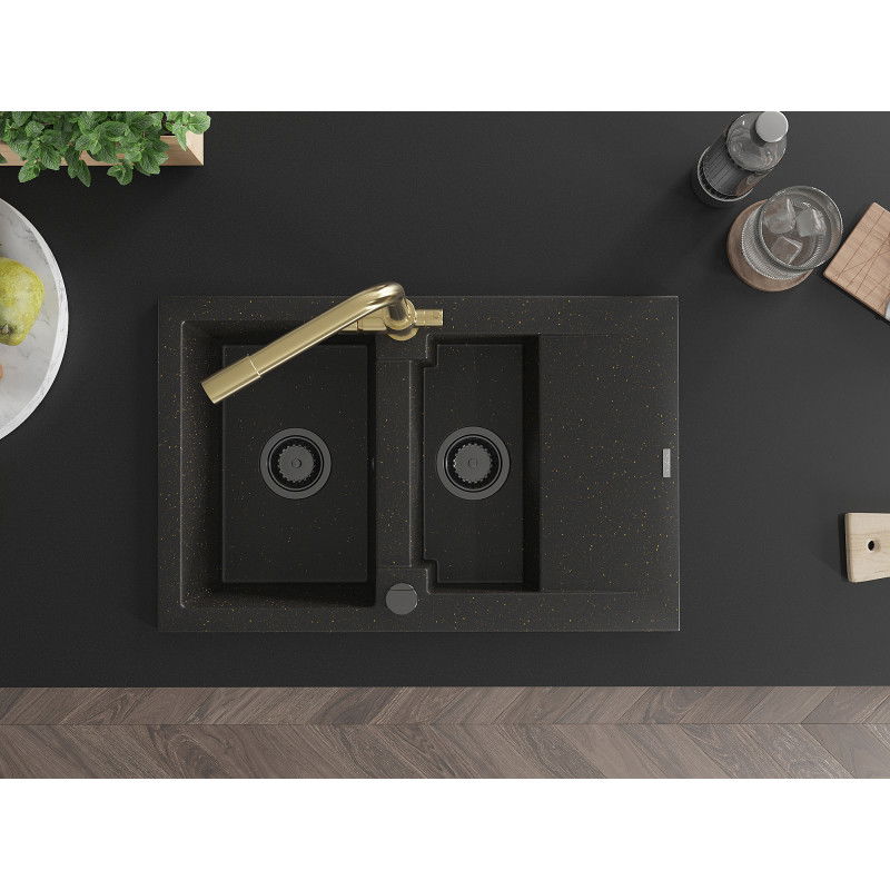 Mexen Gaspar granite sink 1.5-bowl with drainer and Duero kitchen tap, black/gold - 6507-75-671600-50-B