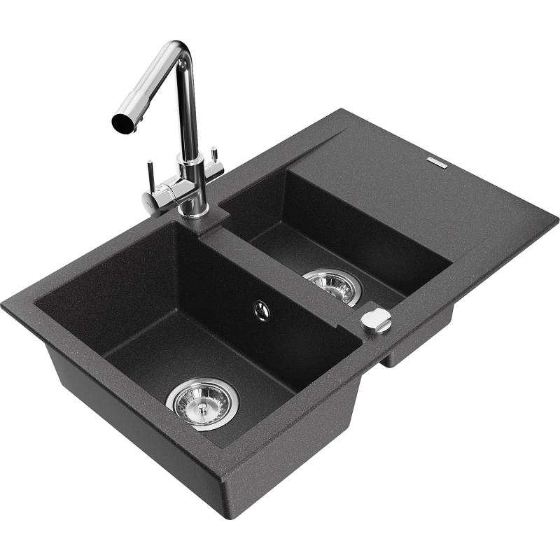 Mexen Gaspar fregadero de granito de 1,5 senos con escurridor y grifo de cocina Duero, negro moteado - 6507-76-671600-00