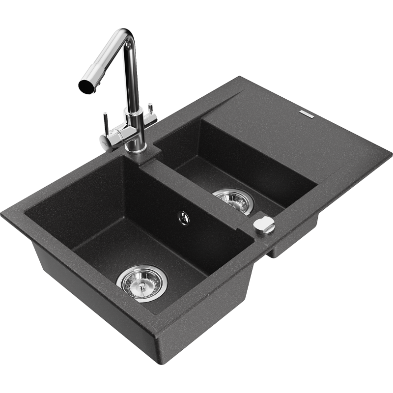 Mexen Gaspar lava-loiça de granito 1,5-cubas com escorredor e torneira de cozinha Duero, preto salpicado - 6507-76-671600-00