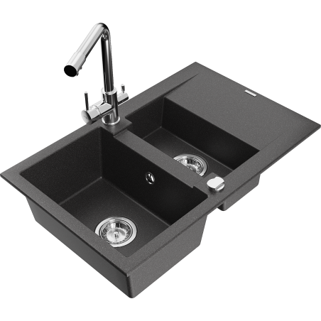 Mexen Gaspar fregadero de granito de 1,5 senos con escurridor y grifo de cocina Duero, negro moteado - 6507-76-671600-00