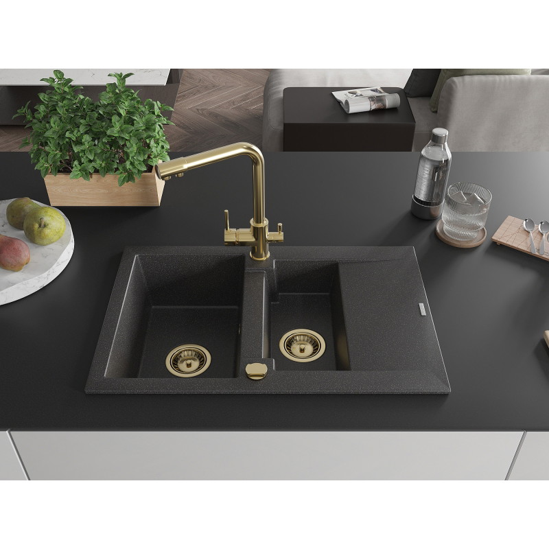 Mexen Gaspar fregadero de granito de 1,5 senos con escurridor y grifería de cocina Duero, negro moteado - 6507-76-671600-50