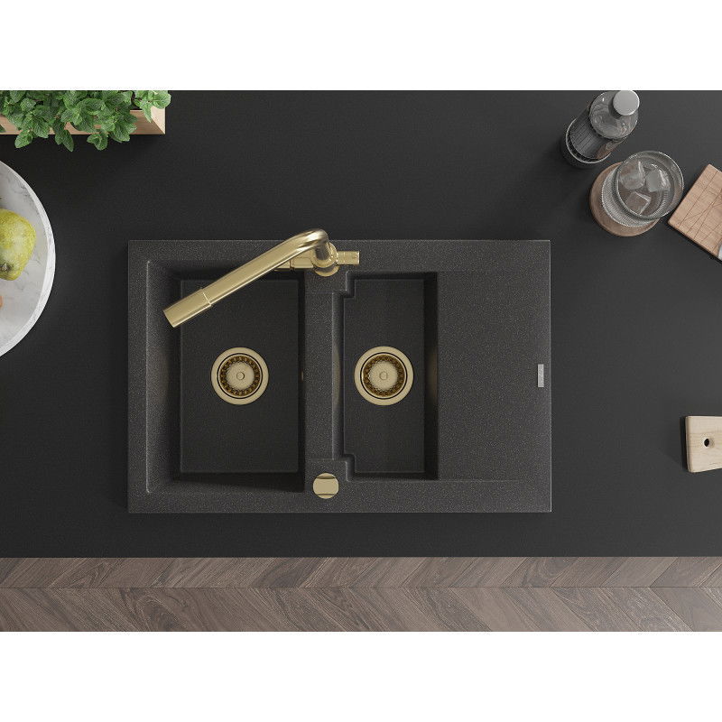 Mexen Gaspar fregadero de granito de 1,5 senos con escurridor y grifo de cocina Duero, negro moteado - 6507-76-671600-50