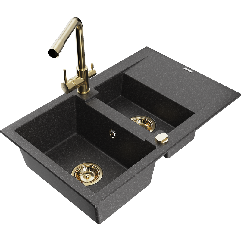 Mexen Gaspar fregadero de granito de 1,5 senos con escurridor y grifo de cocina Duero, negro moteado - 6507-76-671600-50
