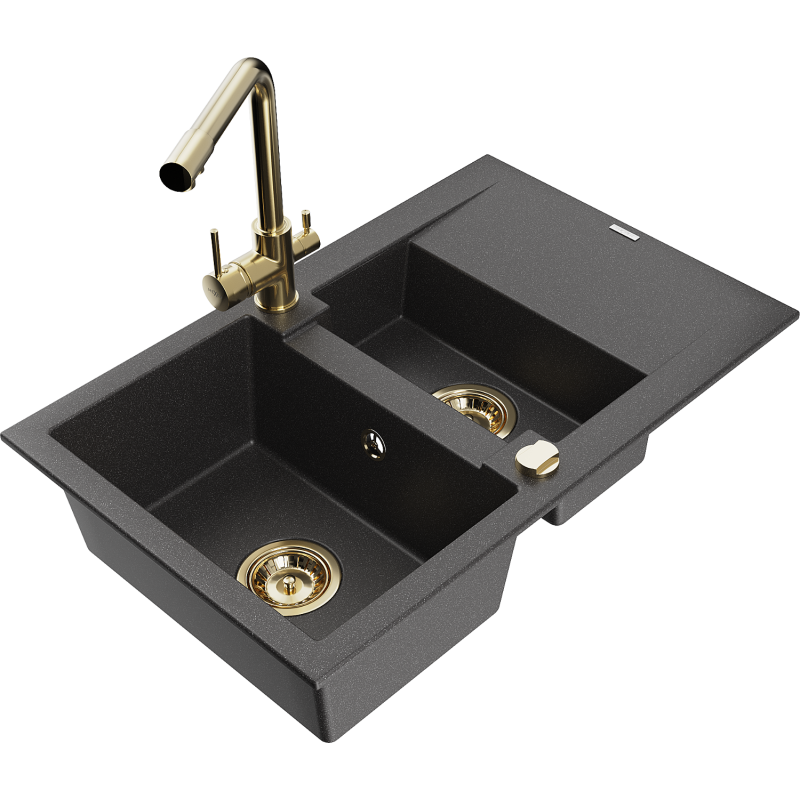 Mexen Gaspar lava-loiça de granito com 1,5 compartimentos e escorredor e torneira de cozinha Duero, preto salpicado