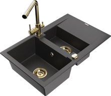 Mexen Gaspar 1.5-bowl granite sink with drainer and Duero kitchen faucet, black speckled - 6507-76-671600-50