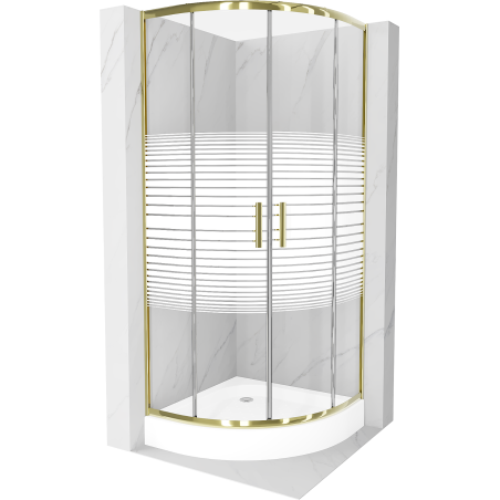 Mexen Rio rund duschkabin 80 x 80 cm, vita ränder, guld + duschkar, vit - 863-080-080-50-20-4710