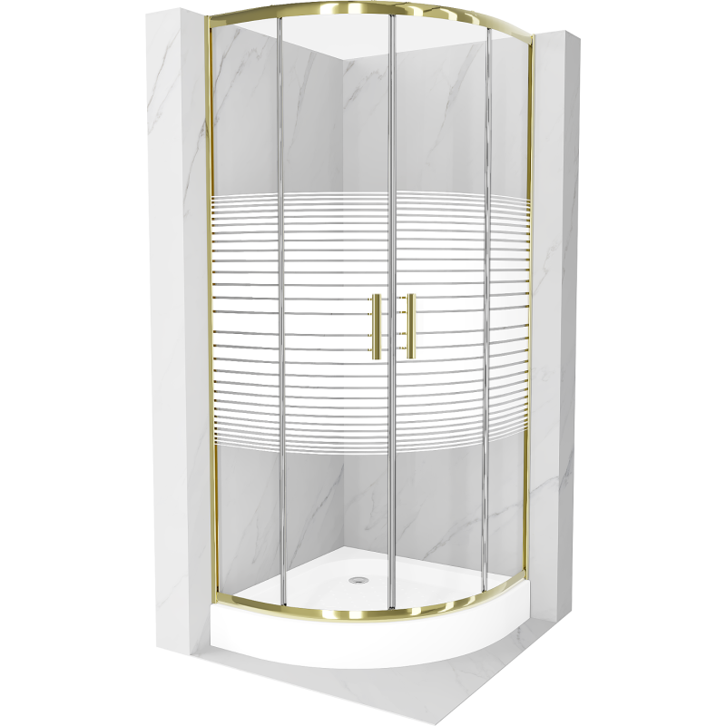 Mexen Rio cabine de duche semicircular 90 x 90 cm, faixas brancas, dourado + prato de duche, branco - 863-090-090-50-20-4710