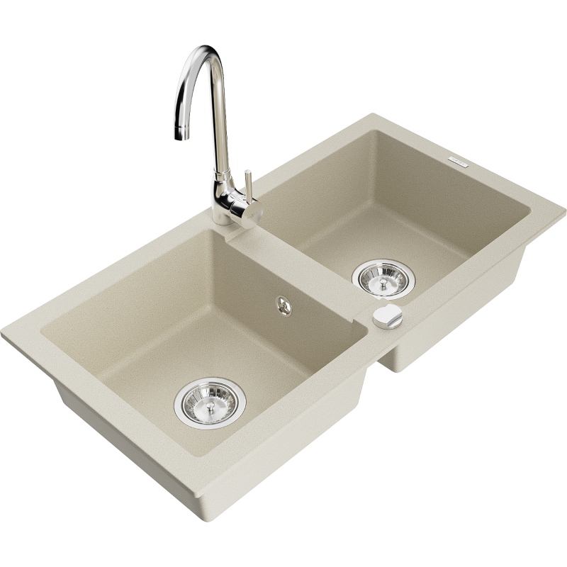 Mexen Mario fregadero de granito de 2 senos con grifo de cocina Telma, beige - 6504-69-670200-00