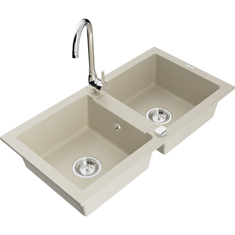 Mexen Mario granite sink 2-bowl with Telma kitchen tap, beige - 6504-69-670200-00