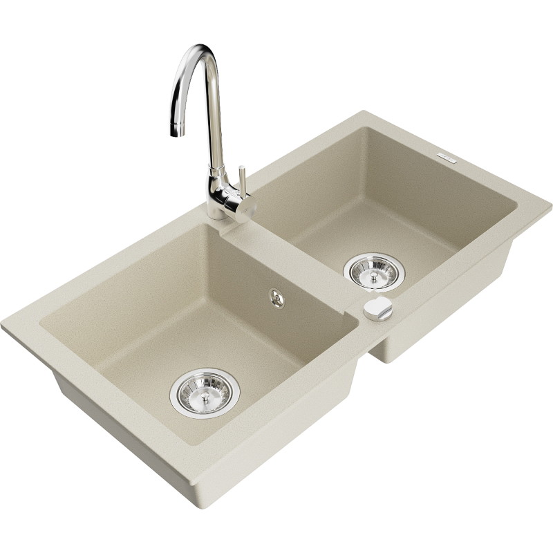 Mexen Mario granitspüle mit 2 Becken mit Küchenarmatur Telma, beige - 6504-69-670200-00