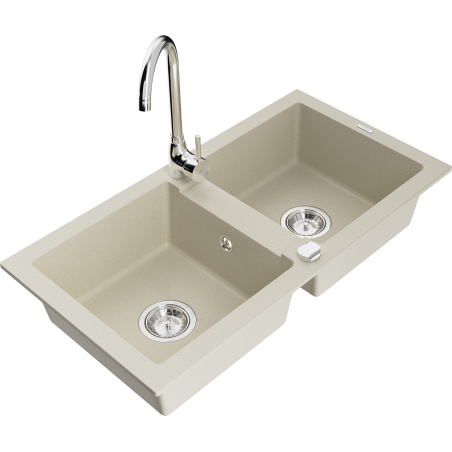 Mexen Mario granieten spoelbak met 2 kamers en Telma keukenmengkraan, beige - 6504-69-670200-00