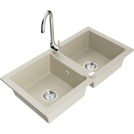 Mexen Mario granite sink 2-bowl with Telma kitchen tap, beige - 6504-69-670200-00