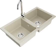Mexen Mario granite 2-bowl kitchen sink with Telma faucet, beige - 6504-69-670200-00