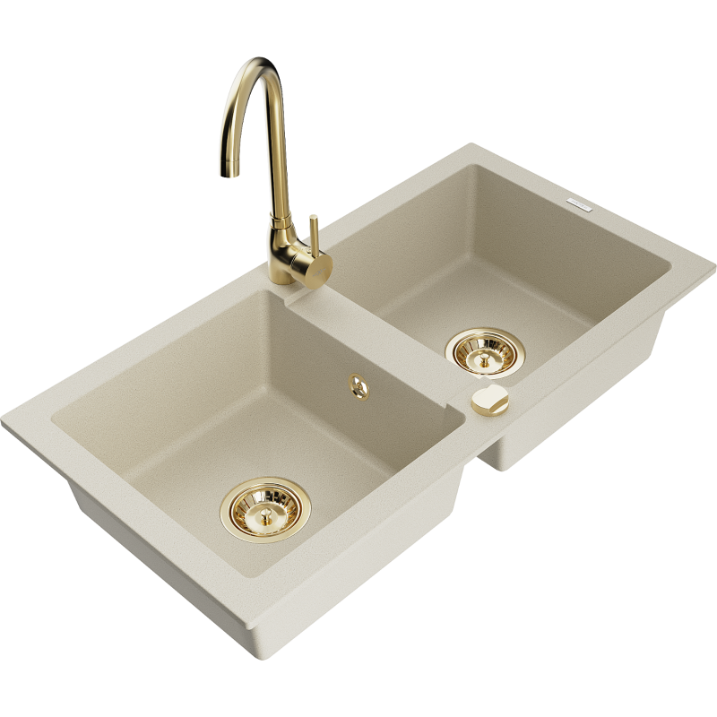 Mexen Mario fregadero de granito 2-comparimiento con grifo de cocina Telma, beige - 6504-69-670200-50