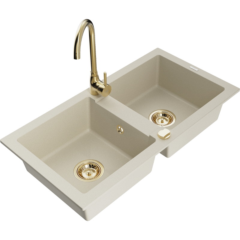 Mexen Mario Granitspüle 2-beckig mit Küchenarmatur Telma, beige - 6504-69-670200-50