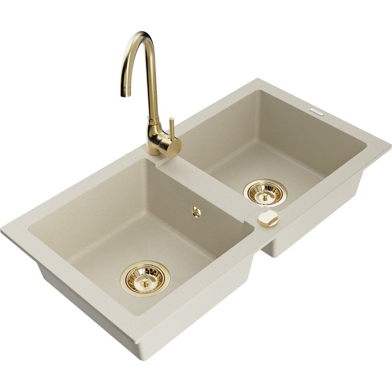 Mexen Mario lavello in granito a 2 vasche con rubinetto da cucina Telma, beige - 6504-69-670200-50