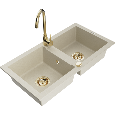 Mexen Mario fregadero de granito 2-comparimiento con grifo de cocina Telma, beige - 6504-69-670200-50