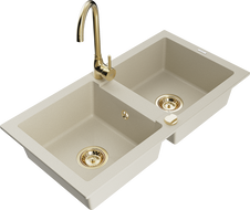 Mexen Mario granite sink 2-bowl with Telma kitchen faucet, beige - 6504-69-670200-50