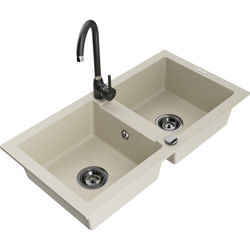 Mexen Mario évier en granit à 2 cuves avec mitigeur de cuisine Telma, beige - 6504-69-670200-70