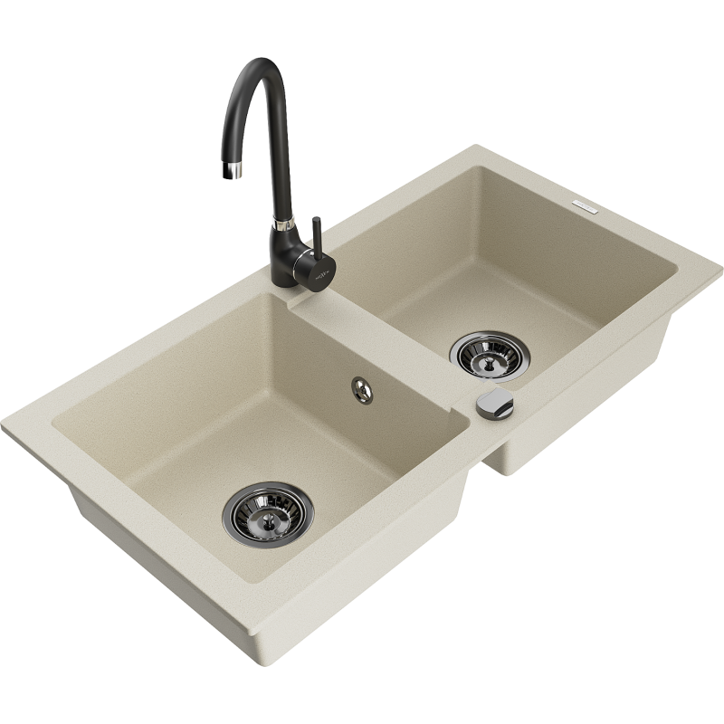 Mexen Mario lavello in granito a 2 vasche con rubinetto da cucina Telma, beige - 6504-69-670200-70