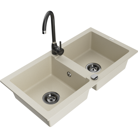 Mexen Mario granite sink 2-bowl with Telma kitchen mixer tap, beige - 6504-69-670200-70