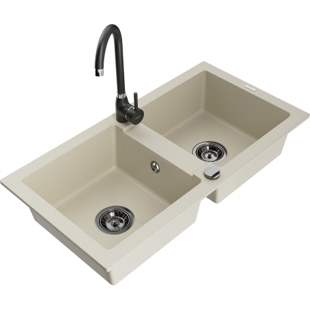 Mexen Mario granitische tweekamerspoelbak met keukenkraan Telma, beige - 6504-69-670200-70