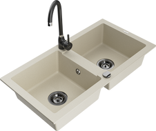 Mexen Mario fregadero de granito de 2 compartimentos con grifo de cocina Telma, beige - 6504-69-670200-70