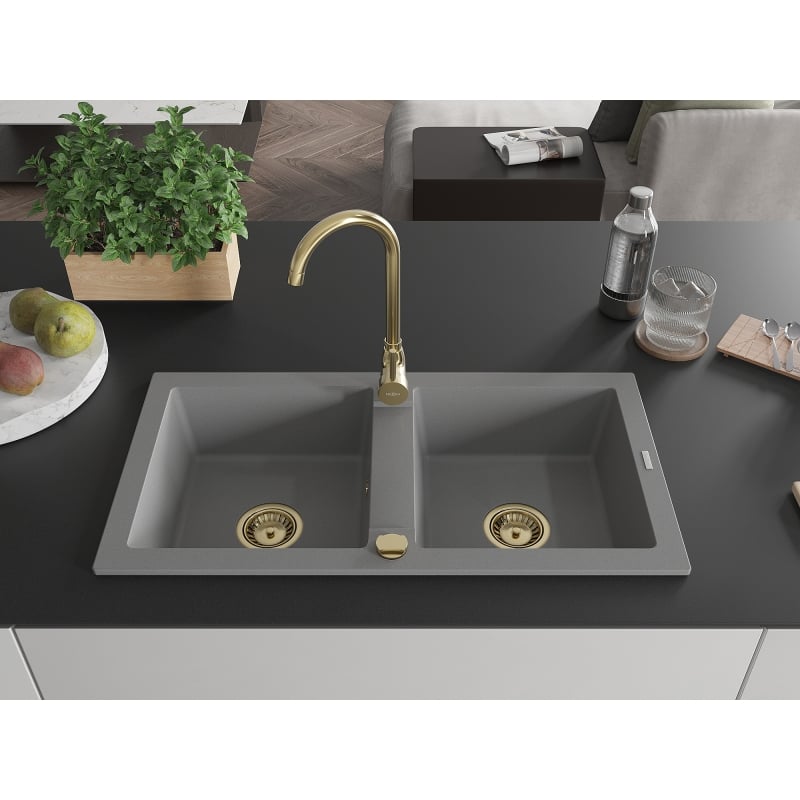 Mexen Mario granite sink 2-chamber with Telma kitchen faucet, gray - 6504-71-670200-50