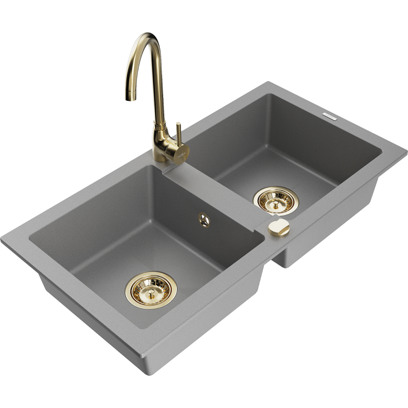 Mexen Mario fregadero de granito de 2 senos con grifo de cocina Telma, gris - 6504-71-670200-50