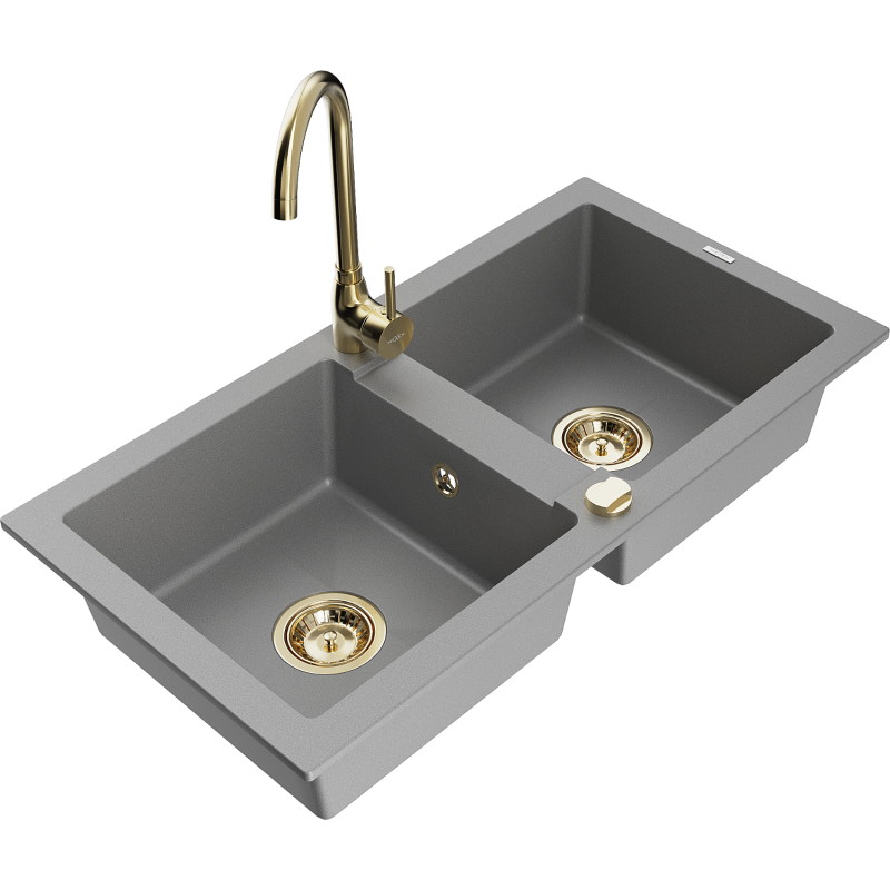 Mexen Mario granitische gootsteen met 2 compartimenten en keukenkraan Telma, grijs - 6504-71-670200-50
