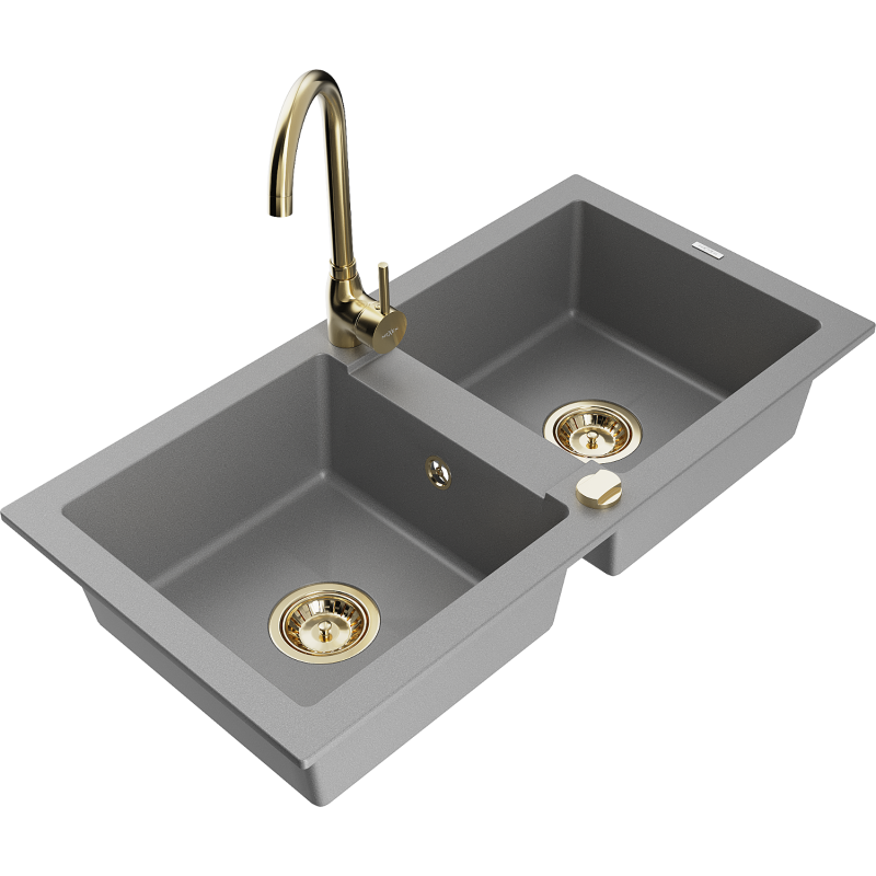 Mexen Mario lavello in granito a 2 vasche con rubinetto da cucina Telma, grigio - 6504-71-670200-50