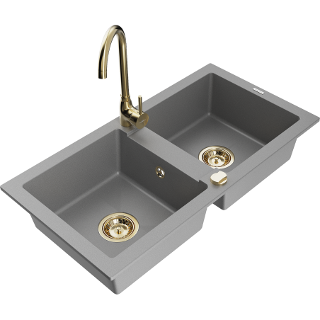 Mexen Mario fregadero de granito de 2 senos con grifo de cocina Telma, gris - 6504-71-670200-50