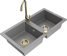 Mexen Mario granite sink 2-bowl with Telma kitchen tap, grey - 6504-71-670200-50