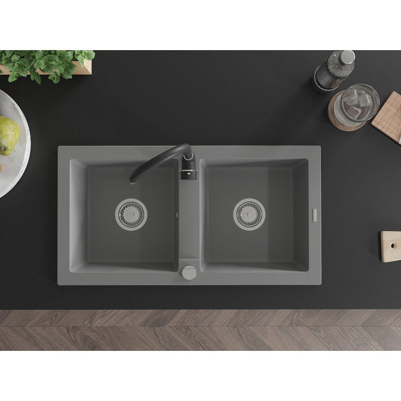 Mexen Mario fregadero de cocina de granito de 2 senos con grifo Telma, gris - 6504-71-670200-70
