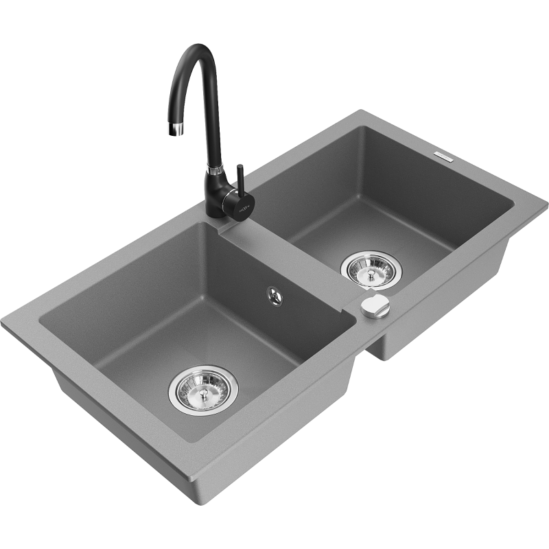 Mexen Mario fregadero de cocina de granito de 2 senos con grifo Telma, gris - 6504-71-670200-70