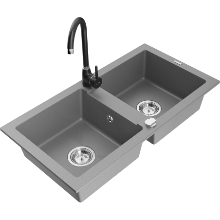 Mexen Mario 2-chamber granite sink with Telma kitchen faucet, gray - 6504-71-670200-70