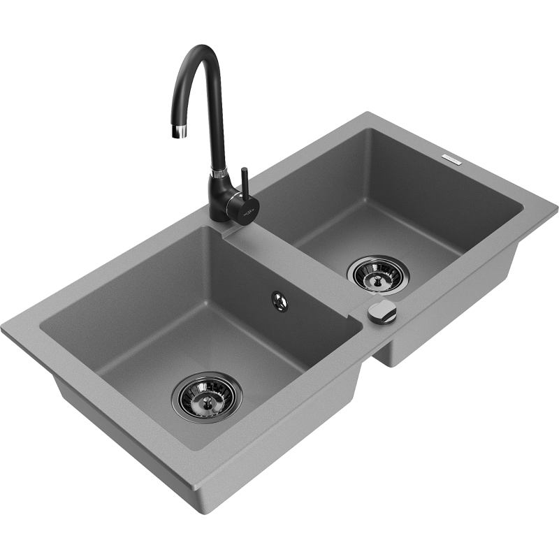 Mexen Mario fregadero de granito de 2 cubetas con grifo de cocina Telma, gris - 6504-71-670200-70-B