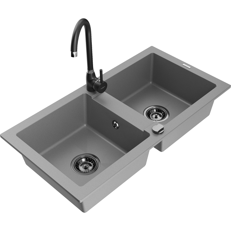 Mexen Mario granite kitchen sink 2-bowl with Telma kitchen tap, grey - 6504-71-670200-70-B