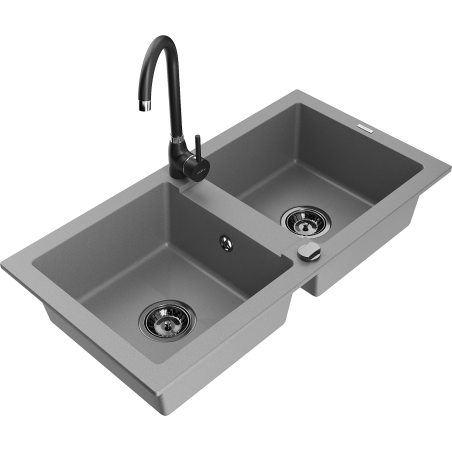 Mexen Mario granite kitchen sink 2-bowl with Telma kitchen tap, grey - 6504-71-670200-70-B