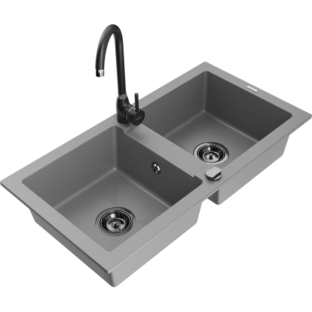 Mexen Mario grijze granieten spoelbak met 2 kamers en keukenkraan Telma - 6504-71-670200-70-B
