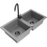 Mexen Mario granite kitchen sink 2-bowl with Telma kitchen tap, grey - 6504-71-670200-70-B