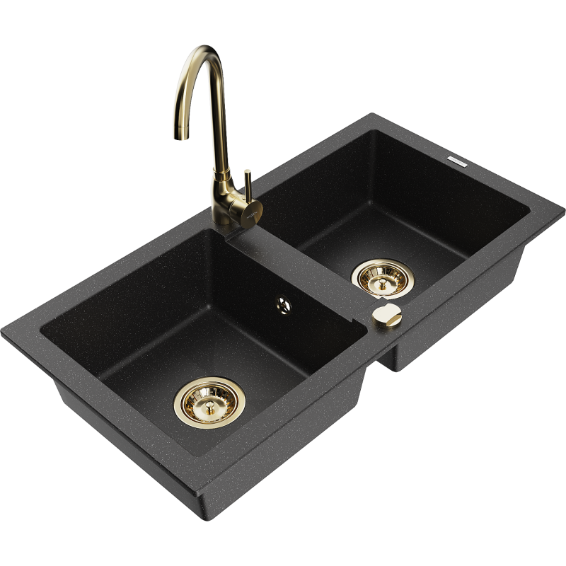 Mexen Mario 2-bowl Granite Sink with Telma Kitchen Tap, Black/Silver - 6504-73-670200-50